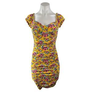 Leyva's Multicolor Floral Short Puff Sleeve Y2k Ruched Mini Bodycon Dress Size S
